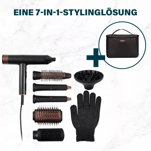 Aparat de coafat Princess Airstyler Pro 7 în 1, 2000W, Tehnologie Ionică, cu Geantă de voiaj