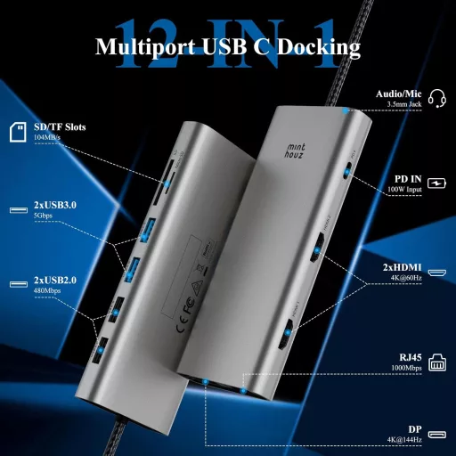 Minthouz 12 v 1 USB-C Dokovacia Stanica, Podpora Trojitého Monitora 4K@144Hz, 100W PD, DP+2×HDMI, 4×USB, LAN, Čítačka Kariet SD/TF, Dell/HP/Lenovo La