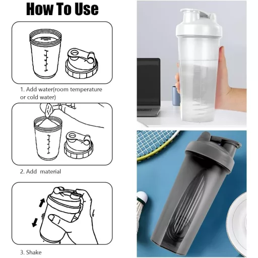 AOGOE Protein Shaker 600ml Čierno-biely, BPA-free s guľôčkou na proteínové nápoje, odmerkou, shaker pohár do posilňovne.
