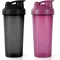 AOGOE Protein Shaker 600 ml s odmerkou a miešacou guľôčkou, BPA-free proteínový šejker v čierno-fialovej farbe.