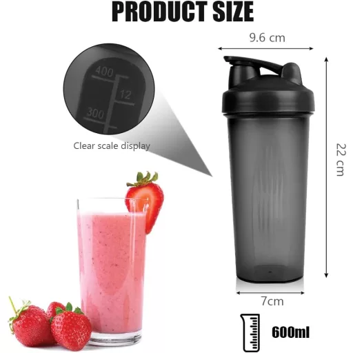 AOGOE Protein Shaker 600 ml s odmerkou a miešacou guľôčkou, BPA-free proteínový šejker v čierno-fialovej farbe.
