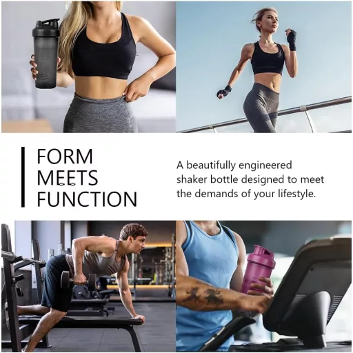 AOGOE Protein Shaker 600 ml s odmerkou a miešacou guľôčkou, BPA-free proteínový šejker v čierno-fialovej farbe.