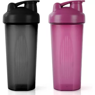   AOGOE Protein Shaker 600 ml s odmerkou a miešacou guľôčkou, BPA-free proteínový šejker v čierno-fialovej farbe.