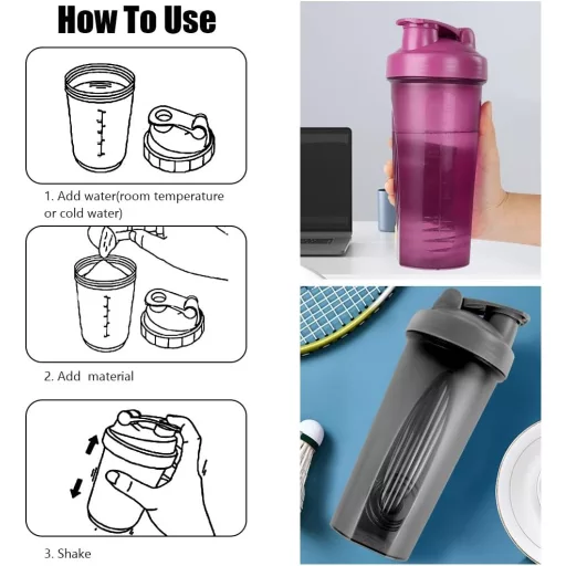 AOGOE Protein Shaker 600 ml s odmerkou a miešacou guľôčkou, BPA-free proteínový šejker v čierno-fialovej farbe.