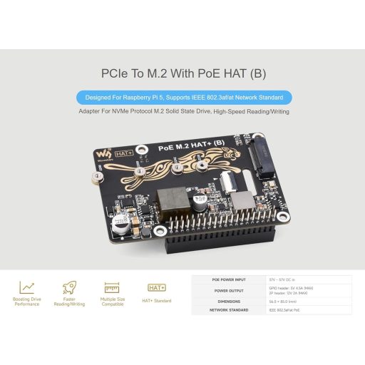 Waveshare POE M.2 HAT+ Raspberry Pi 5 NVMe SSD adapter PCIe Gen2/3
