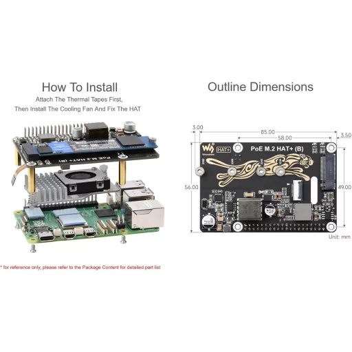 Adaptor Waveshare PoE M.2 HAT+ pentru SSD NVMe Raspberry Pi 5, PCIe Gen2/3