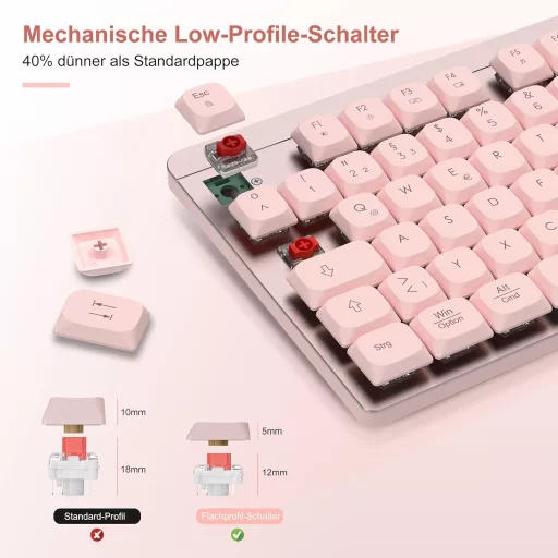 LeadsaiL FA98 Wireless Billentyűzet és Egér Szett, QWERTZ Layout, Kompakt 98 Gombos, Piros Switch, 1600 DPI, Rózsaszín