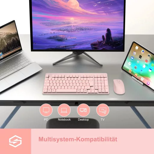 LeadsaiL FA98 Wireless Billentyűzet és Egér Szett, QWERTZ Layout, Kompakt 98 Gombos, Piros Switch, 1600 DPI, Rózsaszín