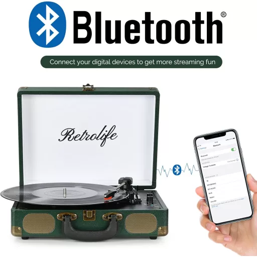 Retrolife 3-rýchlostný Bluetooth gramofón s RCA výstupom a vstavanými reproduktormi