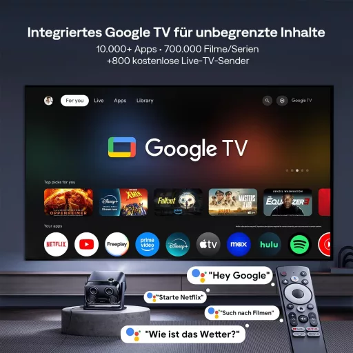 Aurzen Boom Mini 4-u-1 Pametni Projektor s Google TV-om, 500 ANSI Lumena, 4K Podrška, 20W DoIby Zvuk, WiFi/Bluetooth, Automatski Fokus