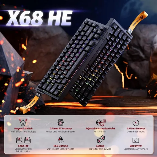 Tastatură Gaming Mecanică RGB cu Fir ATTACK SHARK X68 HE, Rată de Sondare 8000Hz, Precizie 0.01mm, Switch-uri Magnetice, Actuare Ajustabilă, PC/