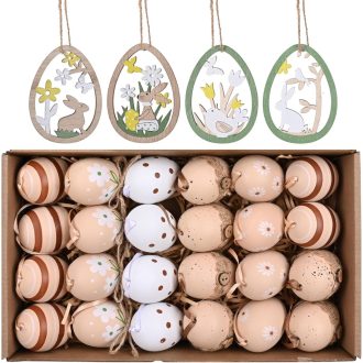   Alishomtll 24 db-os húsvéti tojás szett, 6 cm-es festhető műanyag tojások, barna-fehér dekoráció