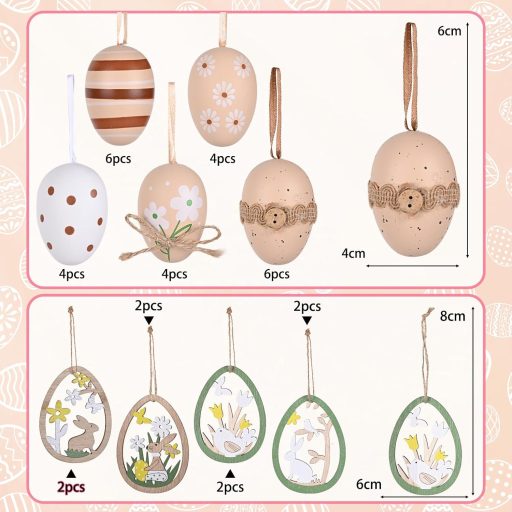 Alishomtll 24 db-os húsvéti tojás szett, 6 cm-es festhető műanyag tojások, barna-fehér dekoráció