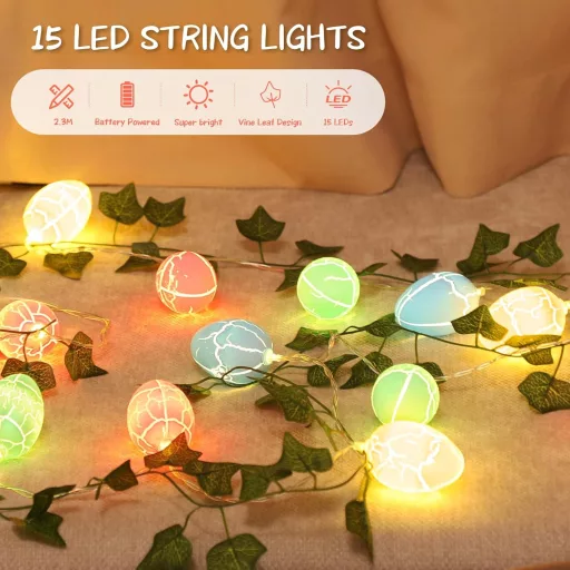 Bigzom 15 LED Húsvéti Tojás Fényfüzér 2,3m Időzítővel Kültéri Beltéri Dekoráció