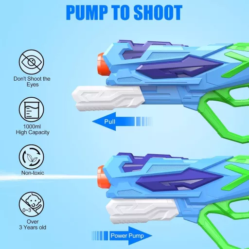 Pistol cu apă Ancesfun XXL, rază de acțiune 8m, capacitate 1000ml, set de 4 bucăți