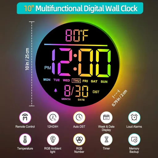 Maxstar 10 Hüvelykes Digitális Falióra Távirányítóval, RGB LED Kijelző, Hőmérsékletes Ébresztőóra