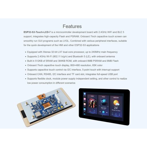 Placă de dezvoltare Waveshare ESP32-S3 cu ecran tactil de 7 inchi, Wi-Fi și Bluetooth