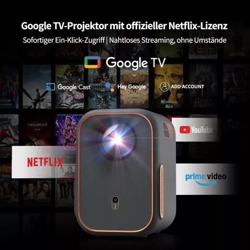 WEMAX Hordozható Mini Projektor Netflix és Google TV Támogatással, 1080P Natív Felbontás, 4K Kompatibilis, Dolby Audio, WiFi, Bluetooth, Ott