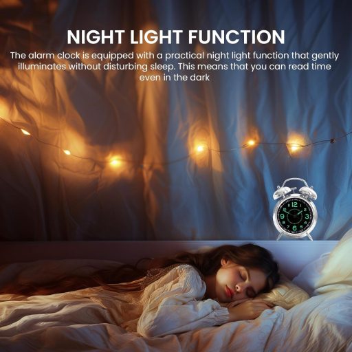 Ceas deșteptător retro WIYETY cu dublu clopoțel, lumină de noapte, mecanism quartz silențios