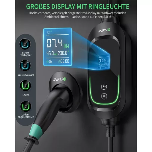 INFGO Mobil Wallbox 7.36 kW 1-fázis Type 2 kábellel, Tesla Model Y/3, VW ID.3, BMW i4 kompatibilis