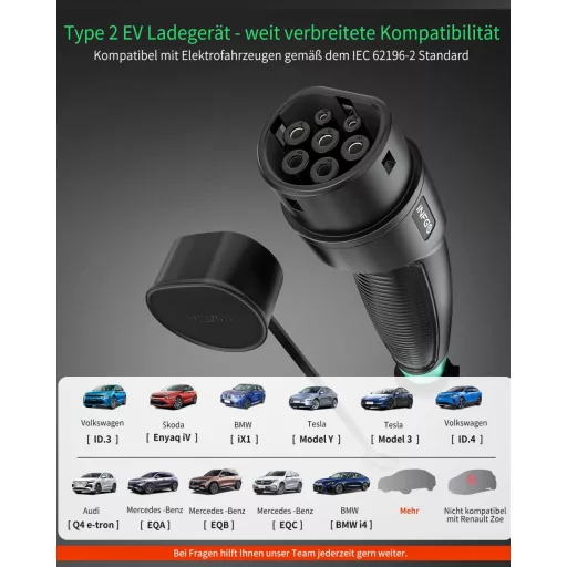 INFGO Mobil Wallbox 7.36 kW 1-fázis Type 2 kábellel, Tesla Model Y/3, VW ID.3, BMW i4 kompatibilis