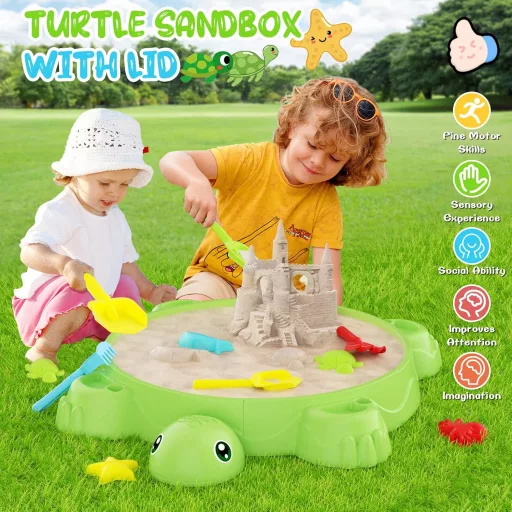 maysida Teknős Homokozó 8 Részes Játékkészlettel - Hordozható Kerti Játék Fedéllel, Gyerekeknek 3 Éves Kortól, Kültéri-Beltéri Használatra (