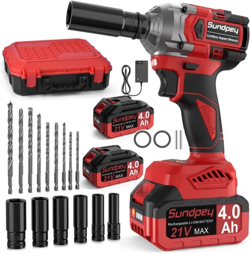 Sundpey Akkumulátoros Ütvecsavarozó 650 Nm - 21V Kétsebességes Behajtó 2db 4000 mAh Akkuval, 6 Dugókulccsal, 9 Fúróval, LED Világítással, Ot