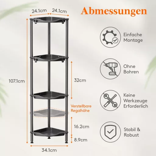 Lifewit 3 szintes sarokpolc fürdőszobai tárolóval, rozsdamentes fém, 4 horoggal, 34cm
