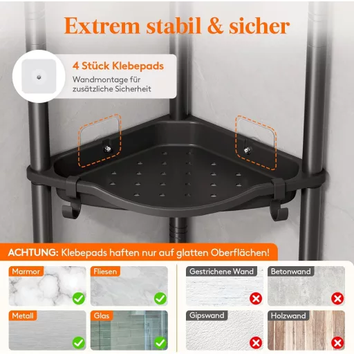 Lifewit 3 szintes sarokpolc fürdőszobai tárolóval, rozsdamentes fém, 4 horoggal, 34cm