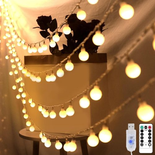 Bigzom LED Gömbfüzér 100 LED Meleg Fehér Fénnyel - 11m USB Fényfüzér Távirányítóval, 8 Világítási Móddal, Időzítővel - Kültéri/Beltéri Dekor