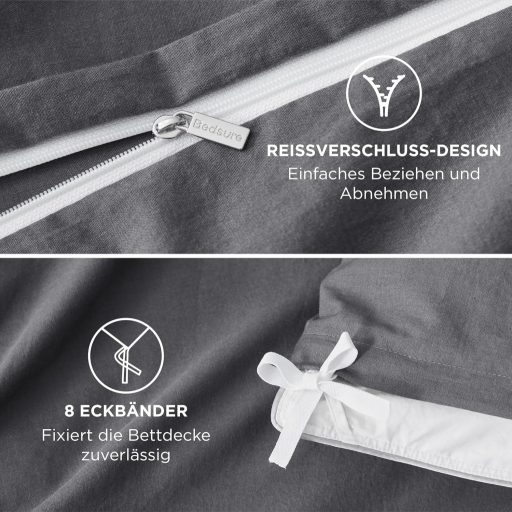 BEDSURE 4 részes pamut ágyneműhuzat szett 135x200 cm antracit szürke cipzárral