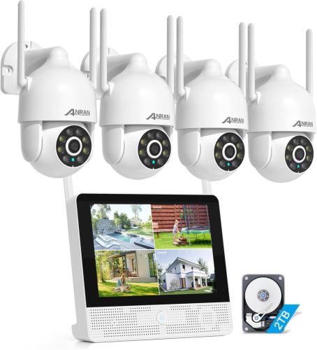 ANRAN 3K Kültéri WiFi Kamerarendszer - 8CH 10.5" Monitoros NVR 4db 5MP PTZ Kamerával, Automatikus Követés, Személy/Jármű/Állat Érzékelés, 2T