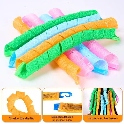 Set 40 bigudiuri spiralate Unnosin, 55 cm, ondulatoare fără căldură, cu 2 croșete de stilizare, 4 culori