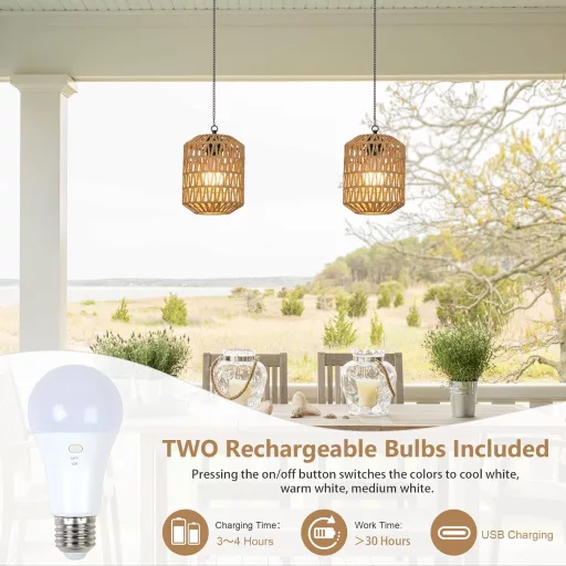 Rayofly Rattan Függőlámpa Akkumulátoros 2db Távirányítóval Kültéri Kerti Lámpa