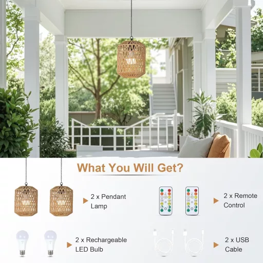 Rayofly Rattan Függőlámpa Akkumulátoros 2db Távirányítóval Kültéri Kerti Lámpa
