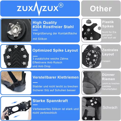 ZUXNZUX Csúszásgátló Jégkampó Cipőre - 304 Rozsdamentes Acél Hegymászó Tüske Téli Túrázáshoz, Futáshoz, Horgászathoz - Uniszex Hótaposó Talp