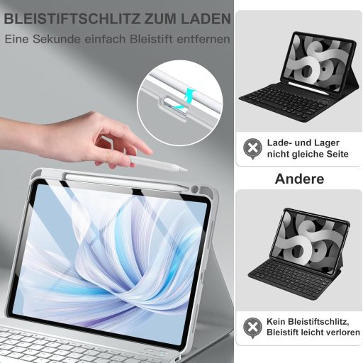 Vobafe iPad Air 11" M4/M3/M2 és 10.9" Tok Billentyűzettel, 7 Szín LED, QWERTZ, Szürke