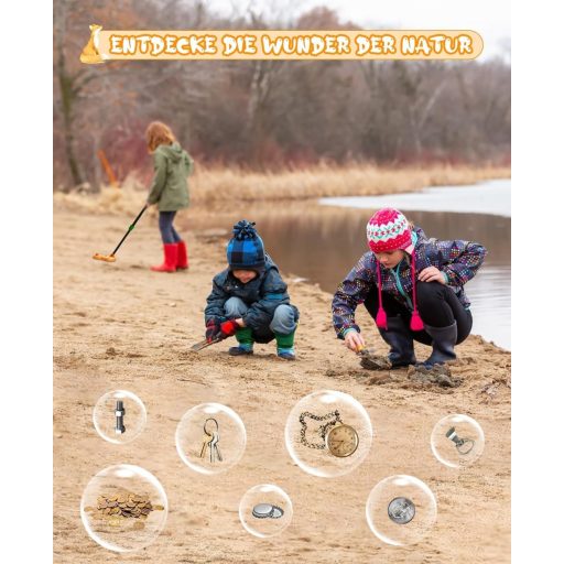 Detský detektor kovov OKESAM, nastaviteľná dĺžka 30–38 cm, s prenosnou lopatkou a hrabľami