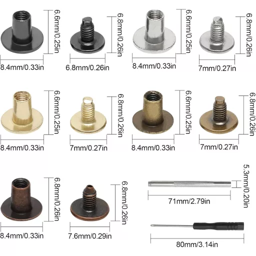Juyibaao 150 db-os Chicago csavar készlet, M5x6/8mm, bőrmunkához, könyvkötéshez, albumokhoz, 5 színben, szerszámokkal