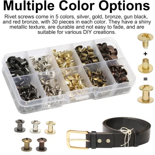 Set Juyibaao de 150 șuruburi Chicago, M5x6/8mm, pentru prelucrarea pielii, legătorie, albume, 5 culori, cu unelte