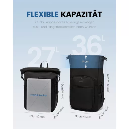 LOVEVOOK Rolltop Hátizsák 17 Colos Laptophoz - Vízálló, Nagyméretű Unisex Hátizsák Iskolába, Egyetemre, Utazáshoz és Kerékpározáshoz - Feket