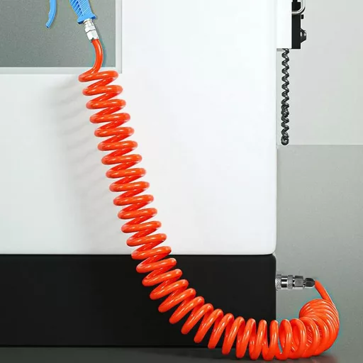 SRJQXH Kompresszor Tömlő 6m - Visszahúzható Levegőcső 1/4" Csatlakozóval, Robbanásbiztos Spiráltömlő, Narancssárga, 8mm Külső Átmérő, Műhely