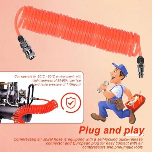 Furtun compresor SRJQXH 6m - Furtun de aer retractabil cu conector 1/4", Furtun spiralat antiexplozie, Portocaliu, 8mm Diametru exterior, Atelier