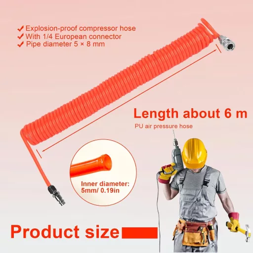 Furtun compresor SRJQXH 6m - Furtun de aer retractabil cu conector 1/4", Furtun spiralat antiexplozie, Portocaliu, 8mm Diametru exterior, Atelier