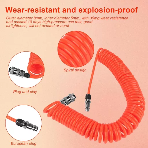 Furtun compresor SRJQXH 6m - Furtun de aer retractabil cu conector 1/4", Furtun spiralat antiexplozie, Portocaliu, 8mm Diametru exterior, Atelier