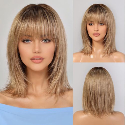 Perucă din Păr Uman Natural pentru Femei, 30 cm Ombre Blond Cenușă Remy cu Breton