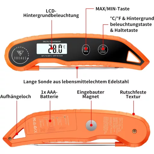 Digitálny teplomer na mäso DOQAUS, rýchle meranie do 3 s, presnosť ±0,5 °C, nerezová sonda