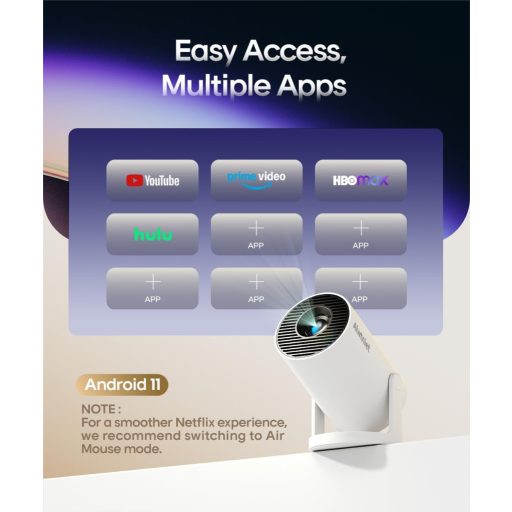 Alwtniet 4K Mini Projektor Android 11.0 - 200 ANSI Lumen Hordozható Kivetítő 5G WiFi 6 Bluetooth 5.0 Automatikus Trapézkorrekció 180° Forgat