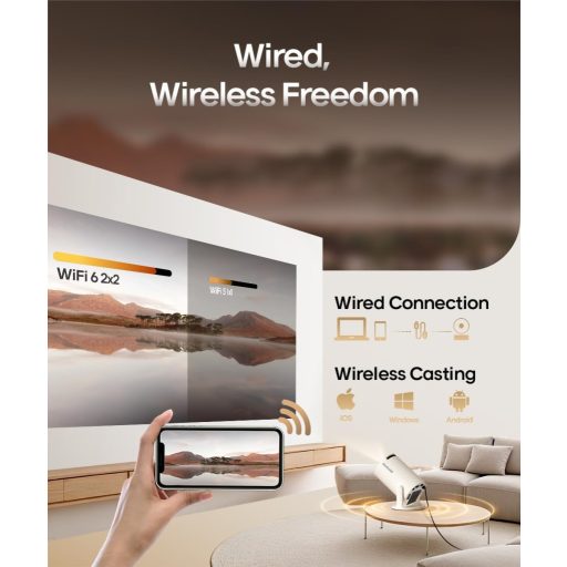 Alwtniet 4K Mini Projektor Android 11.0 - 200 ANSI Lumen Hordozható Kivetítő 5G WiFi 6 Bluetooth 5.0 Automatikus Trapézkorrekció 180° Forgat