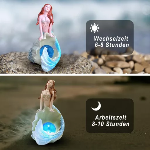 Solárna záhradná socha lifemet - Figúrka morskej panny s LED osvetlením, Vodoodolná vonkajšia dekorácia, s perleťovou mušľou, Mytologická živica